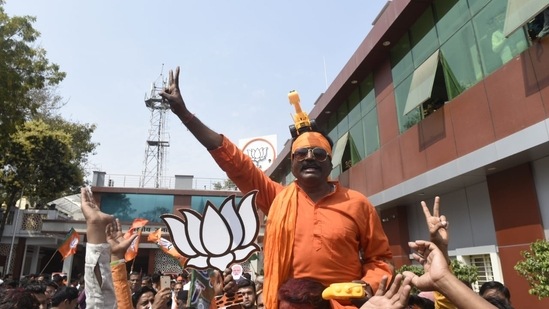 Prominent candidates who have secured a lead include Chief Minister Yogi Adityanath from Gorakhpur, SP chief Akhilesh Yadav from Karhal, Shivpal Yadav from Jaswant Nagar, and Deputy CM Keshav Prasad Maurya from Sirathu.(HT Photo/Deepak Gupta)