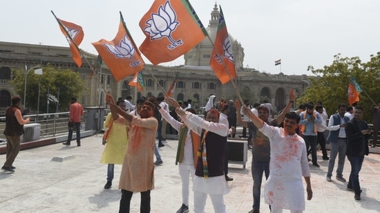 Bharatiya Janata Party (BJP) was leading on 250 out of 403 seats at 10.30 pm and top party leaders were expected to hold a press conference later in the day.(HT Photo/Deepak Gupta)