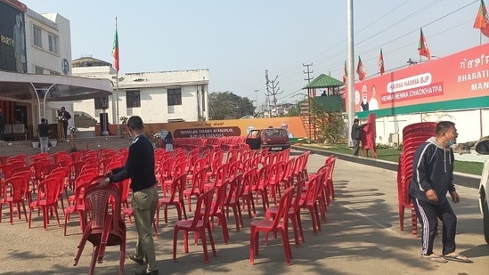 BJP office in Imphal preparing to celebrate a likely win.