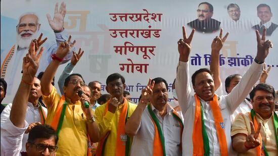 BJP workers celebrate the party's win in the Assembly election on Thursday. Bhushan Koyande/ HT Photo