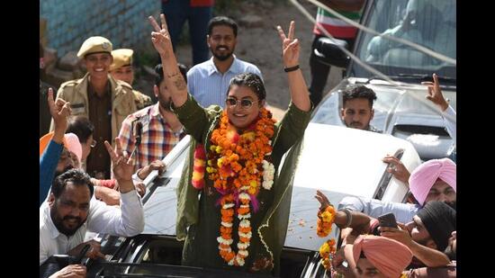 Winner from Kharar, Anmol Gagan Mann, during her victory celebrations in Mohali on Thursday. (HT Photo)