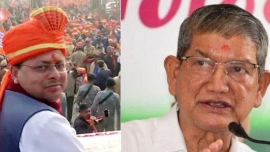 File photos of incumbent Uttarakhand CM Pushkar Singh Dhami and Congress leader Harish Rawat.