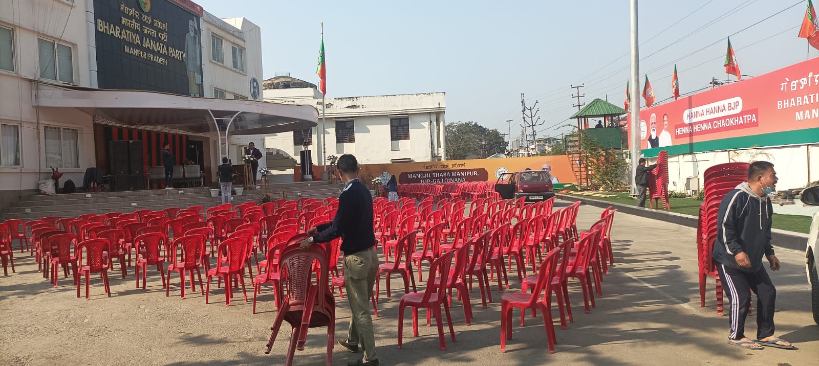 Manipur election results: BJP prepares for celebrations at party office.