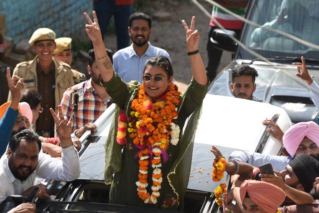 Winner from Kharar, Anmol Gagan Mann, during her victory celebrations in Mohali on Thursday. (HT Photo) Winner from Kharar, Anmol Gagan Mann, during her victory celebrations in Mohali on Thursday. (HT Photo)