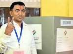 Goa Chief Minister Pramod Sawant shows victory sign after casting his vote for Goa Assembly elections, at Sanquelim/ (Atish Naik) Goa Chief Minister Pramod Sawant shows victory sign after casting his vote for Goa Assembly elections, at Sanquelim/ (Atish Naik)