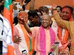 UP election results: Uttar Pradesh Chief Minister Yogi Aditynath at Party Headquarters during a celebration following party's win. (ANI Photo)(Pramod Adhikari) UP election results: Uttar Pradesh Chief Minister Yogi Aditynath at Party Headquarters during a celebration following party's win. (ANI Photo)(Pramod Adhikari)