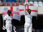 West Indies' Nkrumah Bonner celebrates reaching his century.