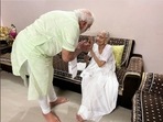 PM Narendra Modi meets his mother Heeraben Modi at her residence in Gandhinagar in Gujarat. (ANI Photo)