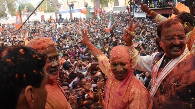 Chief Minister Yogi Adityanath along with deputy CM Keshav Prasad Maurya, BJP State president Swatantra Dev Singh and others celebrating after Bhartiya Janta Party wins the Uttar Pradesh assembly election, at BJP state headquarter in Lucknow on Thursday. (Deepak Gupta/HT Photo) Chief Minister Yogi Adityanath along with deputy CM Keshav Prasad Maurya, BJP State president Swatantra Dev Singh and others celebrating after Bhartiya Janta Party wins the Uttar Pradesh assembly election, at BJP state headquarter in Lucknow on Thursday. (Deepak Gupta/HT Photo)