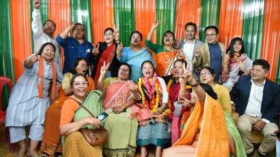 BJP Manipur president A Sharda Devi with the three successful women candidates, Nemcha Kipgen from Kangpokpi seat, SS Olish from Chandel and Soraisam Kebi from Naoriya Pakhanglakpa. (Twitter/@AShardaDevi)