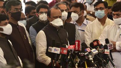 Dy CM Ajit Pawar along with CM Uddhav Thackarey and other ministers addresses the media after Budget 2022-23 presentation during the State Budget Session at Vidhan Bhavan, in Mumbai, India, on Friday. (Anshuman Poyrekar/HT PHOTO)