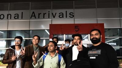 Students (from Sumy in Ukraine) arrive on Terminal 3 of the Indira Gandhi International Airport, on Friday. (Vipin Kumar/HT PHOTO) Students (from Sumy in Ukraine) arrive on Terminal 3 of the Indira Gandhi International Airport, on Friday. (Vipin Kumar/HT PHOTO)