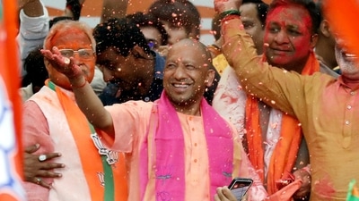 UP election results: Uttar Pradesh Chief Minister Yogi Aditynath at Party Headquarters during a celebration following party's win. (ANI Photo) (Pramod Adhikari) UP election results: Uttar Pradesh Chief Minister Yogi Aditynath at Party Headquarters during a celebration following party's win. (ANI Photo) (Pramod Adhikari)