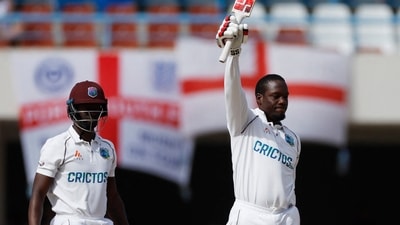 West Indies' Nkrumah Bonner celebrates reaching his century. (Action Images via Reuters)