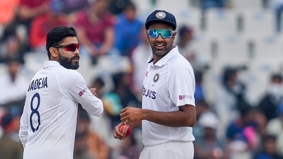 Ravindra Jadeja with R Ashwin during the 3rd day of 1st cricket test match between India and Sri Lanka, at IS Bindra PCA Stadium, Mohali, Sunday. (PTI) Ravindra Jadeja with R Ashwin during the 3rd day of 1st cricket test match between India and Sri Lanka, at IS Bindra PCA Stadium, Mohali, Sunday. (PTI)