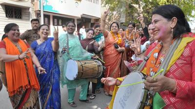 BJP supporters celebrate in Moradabad on Friday, a day after the party’s victory in the Uttar Pradesh assembly polls. (PTI Photo) BJP supporters celebrate in Moradabad on Friday, a day after the party’s victory in the Uttar Pradesh assembly polls. (PTI Photo)