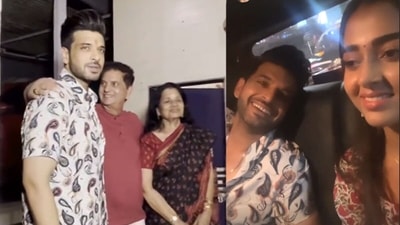 Karan Kundrra and his parents visited Tejasswi Prakash's residence on Thursday. Karan Kundrra and his parents visited Tejasswi Prakash's residence on Thursday. 