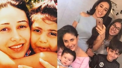 Karisma Kapoor with young Samaira (left) and with Kareena Kapoor, grown up Samaira, Kiaan and Taimur (right).
