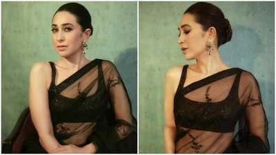 Karisma Kapoor in sheer Sabyasachi saree and shimmery blouse favours the bold black: See pics, videos Karisma Kapoor in sheer Sabyasachi saree and shimmery blouse favours the bold black: See pics, videos