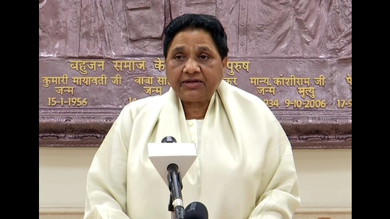 Bahujan Samaj Party chief Mayawati addressing a press conference in Lucknow on Friday. (Agency)