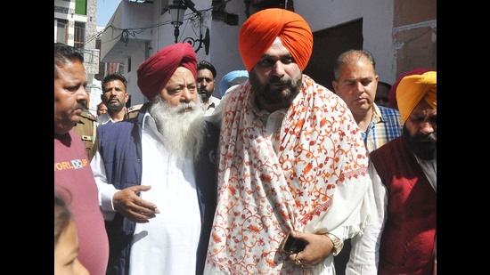 Punjab Congress president Navjot Singh Sidhu at his constituency a day after the Punjab election results were announced, in Amritsar (HT )