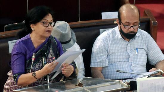 West Bengal finance minister Chandrima Bhattacharya during the Budget Session 2022-23 of the legislative assembly in Kolkata on Friday. (ANI PHOTO.)