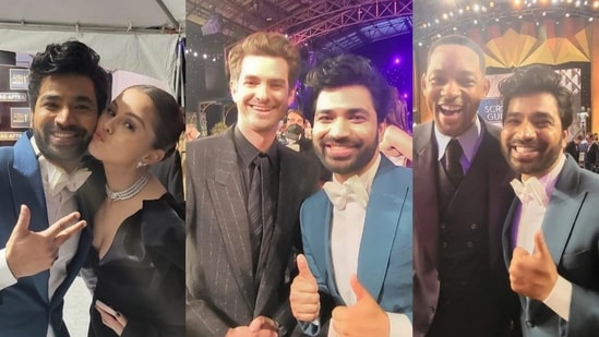 Squid Game actor Anupam Tripathi poses with Selena Gomez, Andrew Garfield, and Will Smith at the 2022 SAG Awards.