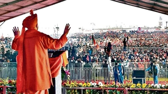 A file photo of Uttar Pradesh Chief Minister Yogi Adityanath addressing a public rally, at Deoband, in Saharanpur(HT)
