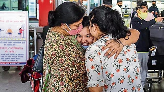An Indian national, evacuated from war-torn Ukraine’s Sumy, reunites with family at IGI airport on Friday.&nbsp;(Amal KS/HT)