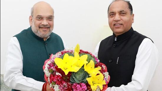 Union home minister Amit Shah with Himachal Pradesh CM Jai Ram Thakur in New Delhi on Friday. (HT Photo)