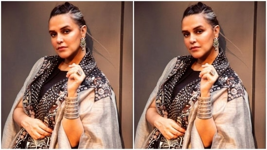 Styled by fashion stylist Ayesha Khanna, Neha wore her tresses into a French braid as she left few strands open around her face.(Instagram/@nehadhupia)