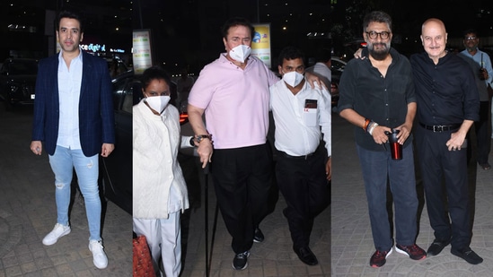 Tusshar Kapoor, Randhir Kapoor, Vivek Agnihotri and Anupam Kher at The Kashmir Files screening on Thursday. (Varinder Chawla)