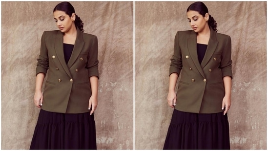 Vidya chose a black midi dress featuring a square neckline, tiered skirt, asymmetrical hemline, and a flowy silhouette. It is from the shelves of a clothing brand called Poppi. She provided structure to her ensemble by layering it with a blazer from the fast-fashion label Zara.(Instagram/@who_wore_what_when)