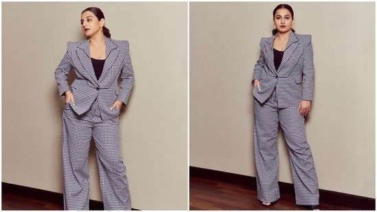 Earlier, Vidya had opted for a monochrome ensemble for promoting Jalsa. The star wore a black and white printed notch lapel blazer and pants set with a solid black tank top. She glammed it up with gold hoop earrings, rings, minimal make-up, and wine red lip shade. Which look of Vidya do you like the most? Meanwhile, Jalsa will premiere on Amazon Prime on March 18.(Instagram/@who_wore_what_when)