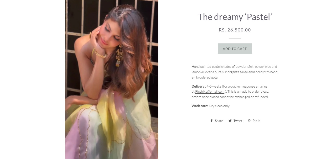 Cost of Jacqueline's pastel organza saree.&nbsp; (picchika.in)