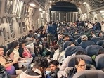 Indian nationals inside an IAF C-17 aircraft after being evacuated using airfields in Romania and Hungary in view of the Ukraine conflict as part of Operation Ganga. Indian nationals inside an IAF C-17 aircraft after being evacuated using airfields in Romania and Hungary in view of the Ukraine conflict as part of Operation Ganga.