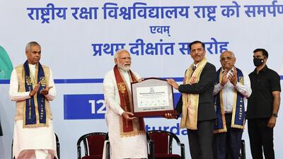 Prime Minister Narendra Modi delivered the first convocation address at Rashtriya Raksha University (RRU) in Gandhinagar. (Twitter/Narendra Modi) Prime Minister Narendra Modi delivered the first convocation address at Rashtriya Raksha University (RRU) in Gandhinagar. (Twitter/Narendra Modi)