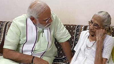 PM Modi began his two-day visit to Gujarat on March 11. After completing his engagements for the day, he met his nonagenarian mother and his brother Pankaj Modi at their house in Vrindavan society in Raysan area on the outskirts of Gandhinagar. (ANI)