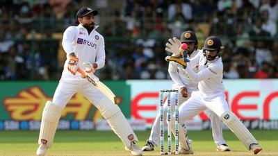 India's Ravindra Jadeja plays a shot on the 1st day of the second test match between India and Sri Lanka, at M.Chinnaswamy Stadium, in Bengaluru&nbsp; (ANI)