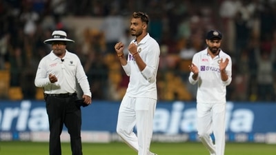 India's Axar Patel, center, celebrates the dismissal of Sri Lanka's Charith Asalanka during the first day of the second cricket test match between India and Sri Lanka in Bengaluru, India, Saturday, March 12, 2022 (AP) India's Axar Patel, center, celebrates the dismissal of Sri Lanka's Charith Asalanka during the first day of the second cricket test match between India and Sri Lanka in Bengaluru, India, Saturday, March 12, 2022 (AP)