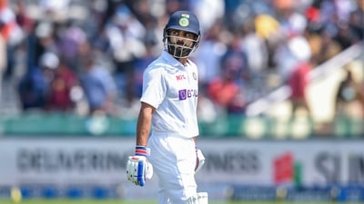Mohali: India's Virat Kohli reacts on his dismissal after making 45 runs, on the 1st day of the first cricket test match between India and Sri Lanka, at IS Bindra PCA Stadium, Mohali. (PTI) Mohali: India's Virat Kohli reacts on his dismissal after making 45 runs, on the 1st day of the first cricket test match between India and Sri Lanka, at IS Bindra PCA Stadium, Mohali. (PTI)
