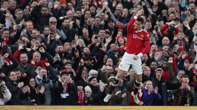 Manchester United's Cristiano Ronaldo celebrates scoring their first goal (REUTERS)