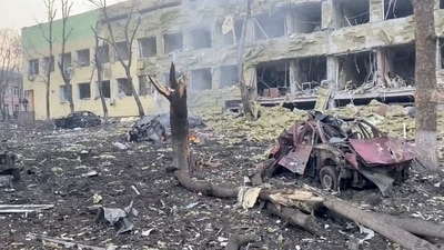 Debris seen on site of destroyed Mariupol children's hospital as Russia's invasion of Ukraine continues, in Mariupol, Ukraine, March 9, 2022. Military/Handout via REUTERS (via REUTERS)