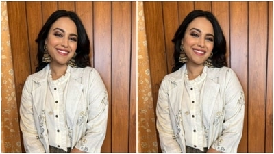 Swara paired a white cropped shirt adorned with gold buttons with a pair of shimmery gold pair of high-waisted trousers with wide legs. (Instagram/@reallyswara)