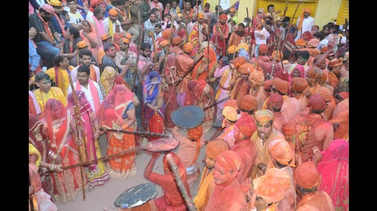 Latha-maar Holi in Barsana village of Mathura. (Ant Ram/HT)