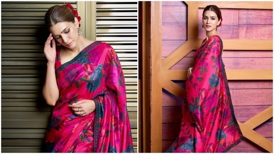 Kriti Sanon wore a gorgeous floral pink saree for the first promotional event of Bachchhan Paandey.(Instagram/@kritisanon)