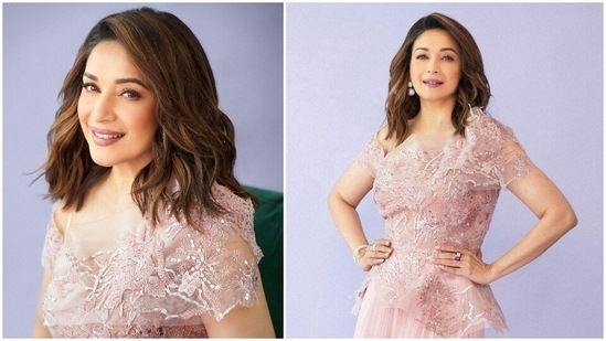 Madhuri Dixit is all smiles for the camera. She captioned her post, "Pastel pathways for the win!."(Instagram/@madhuridixitnene)
