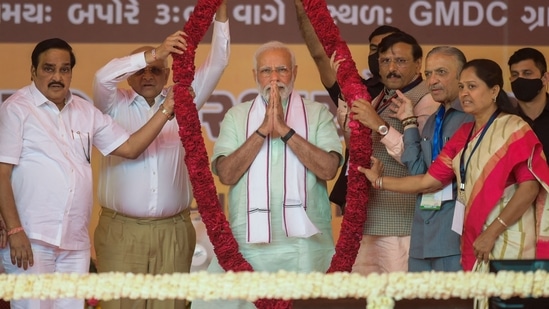 “Gujarat is the land of Bapu and Sardar Vallabhbhai Patel. Bapu always talked about rural development, self-reliant villages. Today, as we are marking 'Amrit Mahotsav', we must fulfil Bapu's dream of Grameen Vikas,” PM Modi said.(AFP)