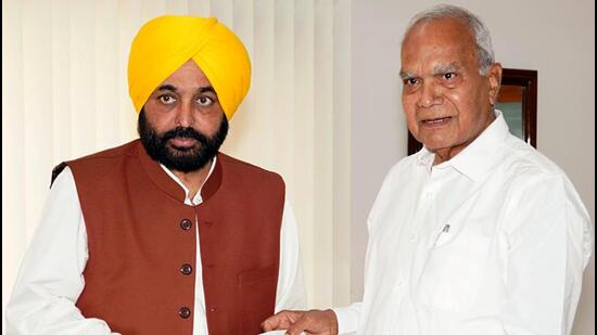 Punjab chief minister-elect Bhagwant Mann meets governor Banwarilal Purohit to stake claim to form the new government in the state after AAP won the assembly polls with a two-thirds majority, at Raj Bhavan, in Chandigarh on Saturday. (ANI)
