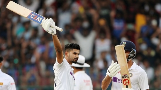 India's Shreyas Iyer celebrates his half-century on the 1st day of the second test match between India and Sri Lanka, at M.Chinnaswamy Stadium, in Bengaluru on Saturday(ANI)